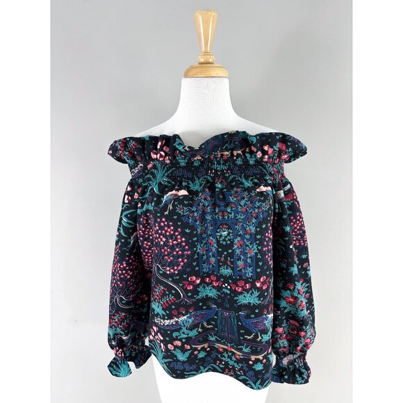 Tuckernuck Midnight Garden Marguerite Off Shoulder Blouse Small Peacock Floral - Picture 1 of 3
